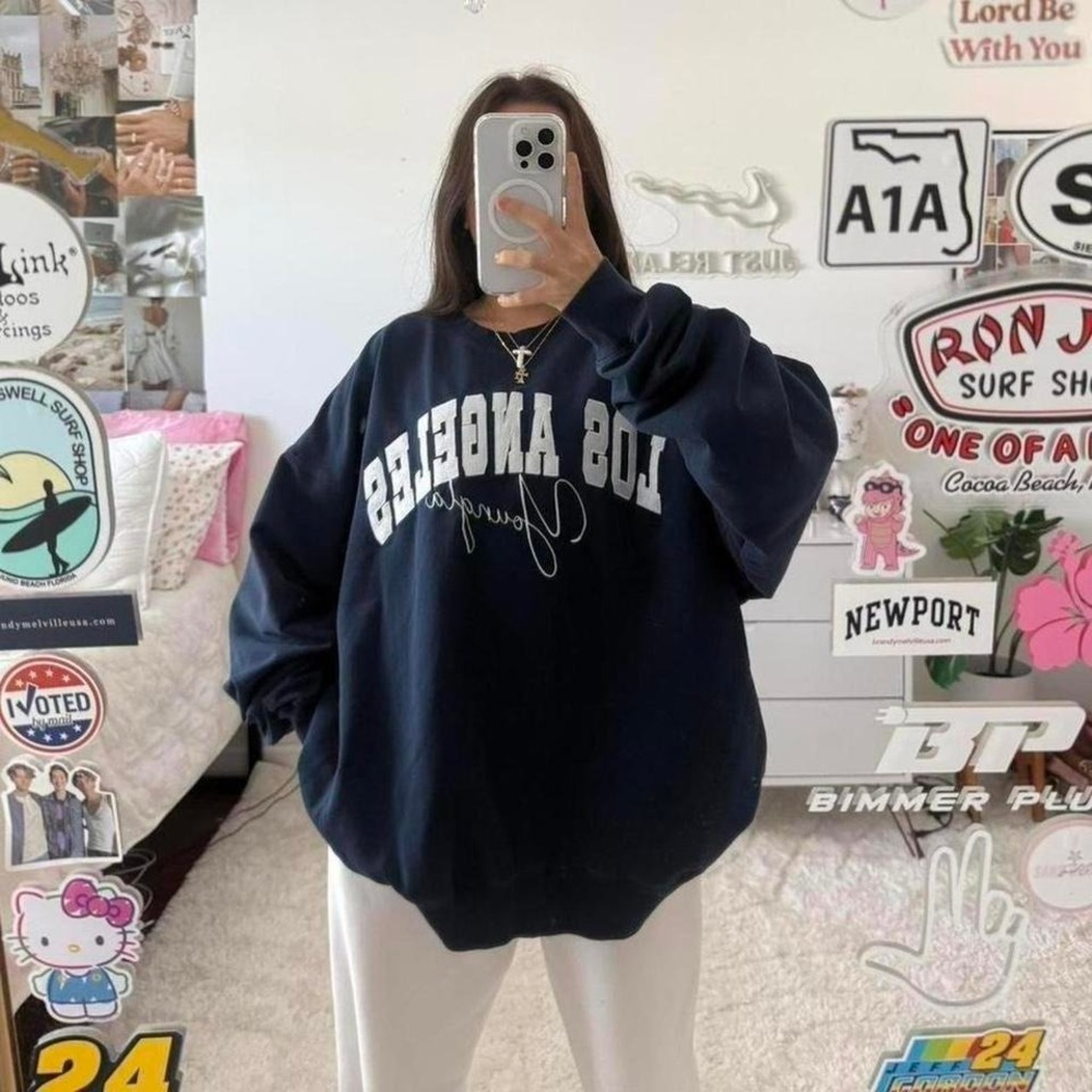 navy and white YoungLa Los Angeles crewneck sweatshirt